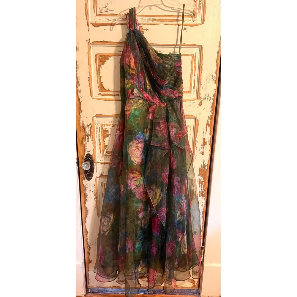 Xscape Womens One Shoulder Floral Organza Gown Olive Green Pink Maxi Dress 12